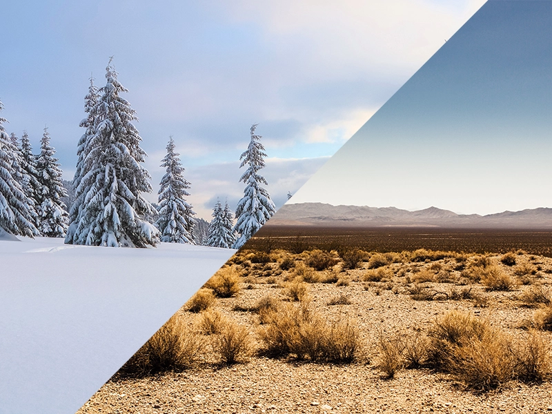 Summer and winter seasons in same photo with temperature extremes